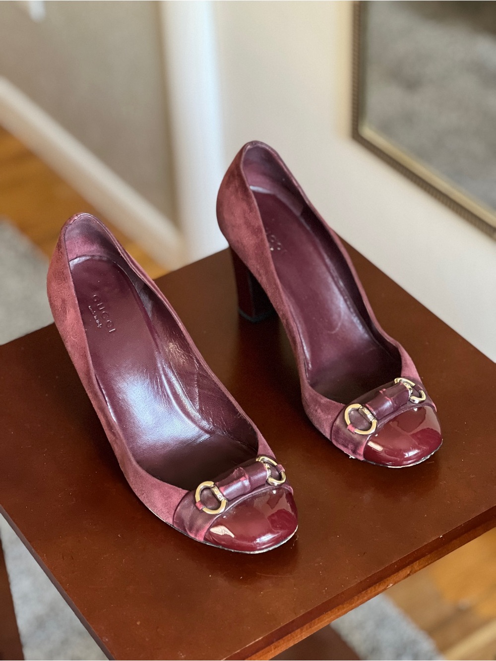 Gucci Burgundy Suede and Patent Leather Block Heel Pumps